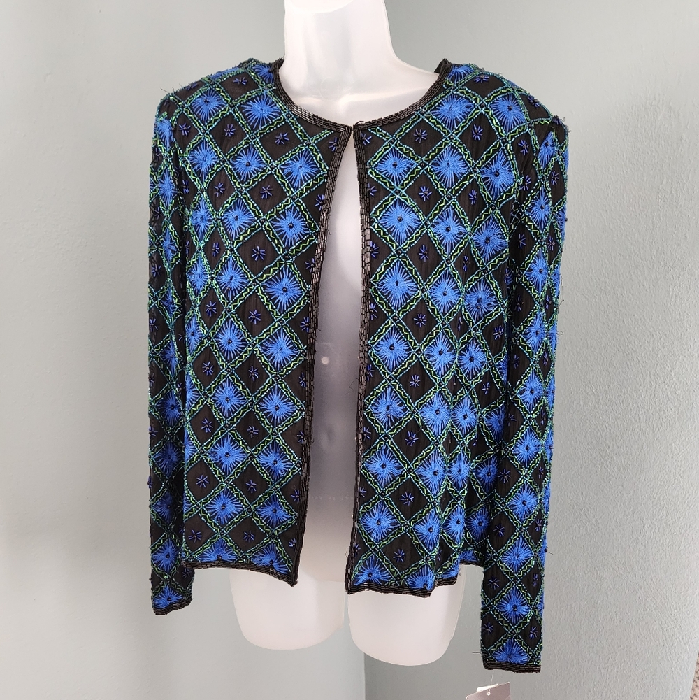 Laurence Kazar Blue and Black Beaded Open-Front Jacket